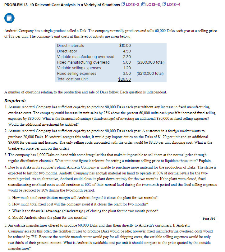 Solved PROBLEM 13-19 Relevant Cost Analysis In A Variety Of | Chegg.com