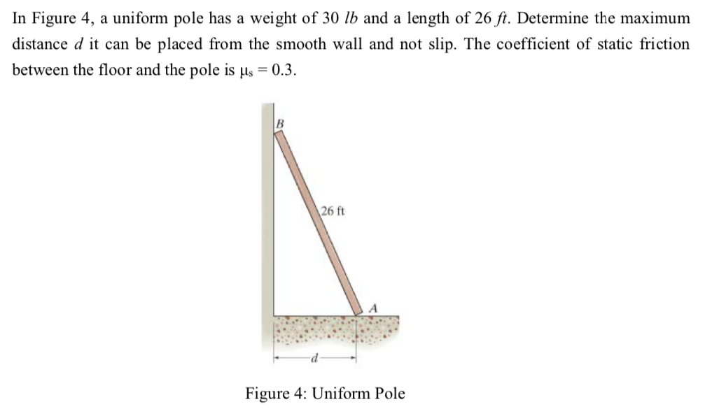 Solved In Figure 4, a uniform pole has a weight of 30 lb and