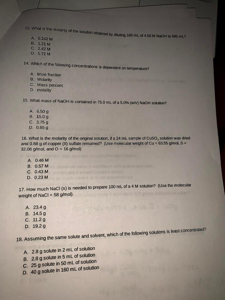 Solved 13 What Is The Molarity Of The Solution Obtained Chegg Com
