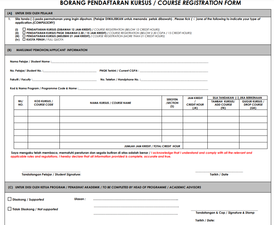 Solved BORANG PENDAFTARAN KURSUS / COURSE REGISTRATION FORM | Chegg.com