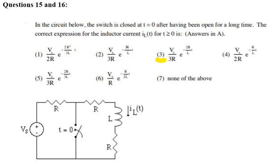 Solved Questions 15 and 16: In the circuit below, the switch | Chegg.com