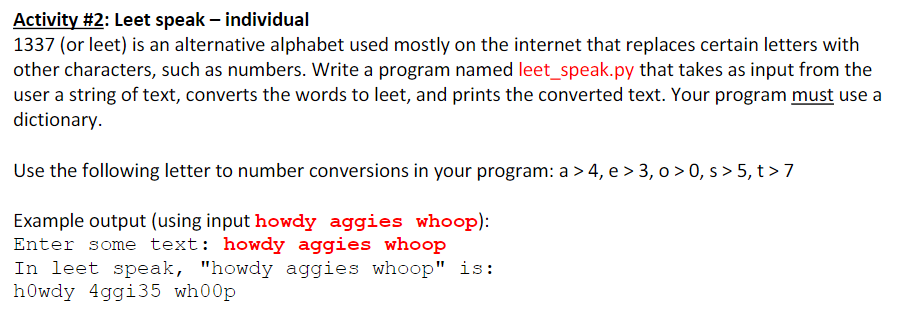 Solved Activity #2: Leet speak - individual 1337 (or leet) | Chegg.com