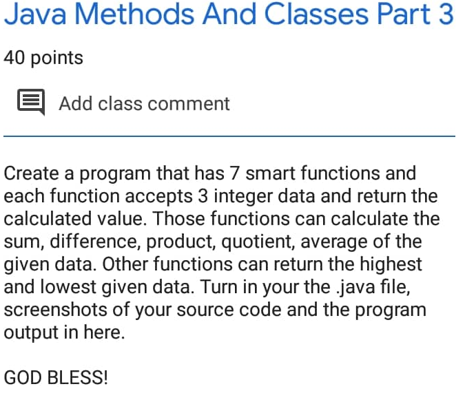 Solved Java Methods And Classes Part 3 40 points 6 Add class | Chegg.com