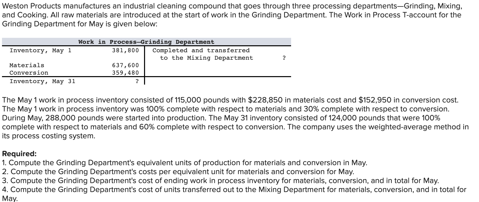 Solved Weston Products manufactures an industrial cleaning
