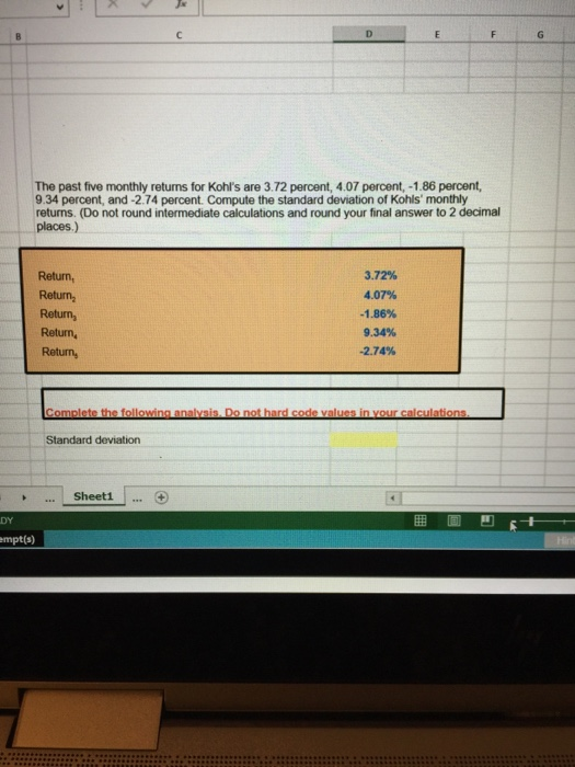Solved The past five monthly returns for Kohl's are 3.72