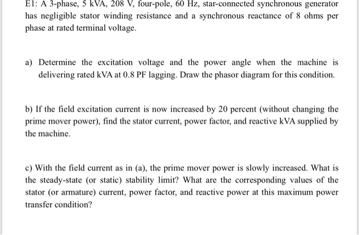 Solved El: A 3-phase, 5 kVA, 208 V, four-pole, 60 Hz, | Chegg.com