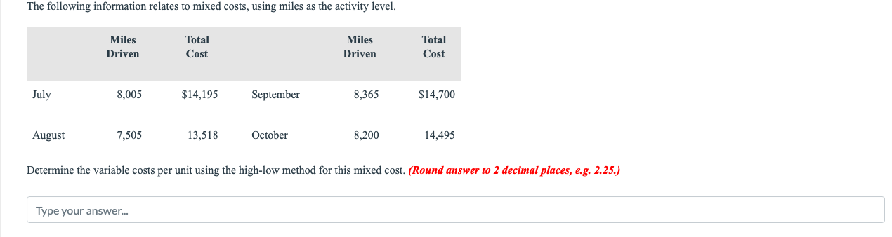 The following information relates to mixed costs, using miles as the activity level.
Determine the variable costs per unit us