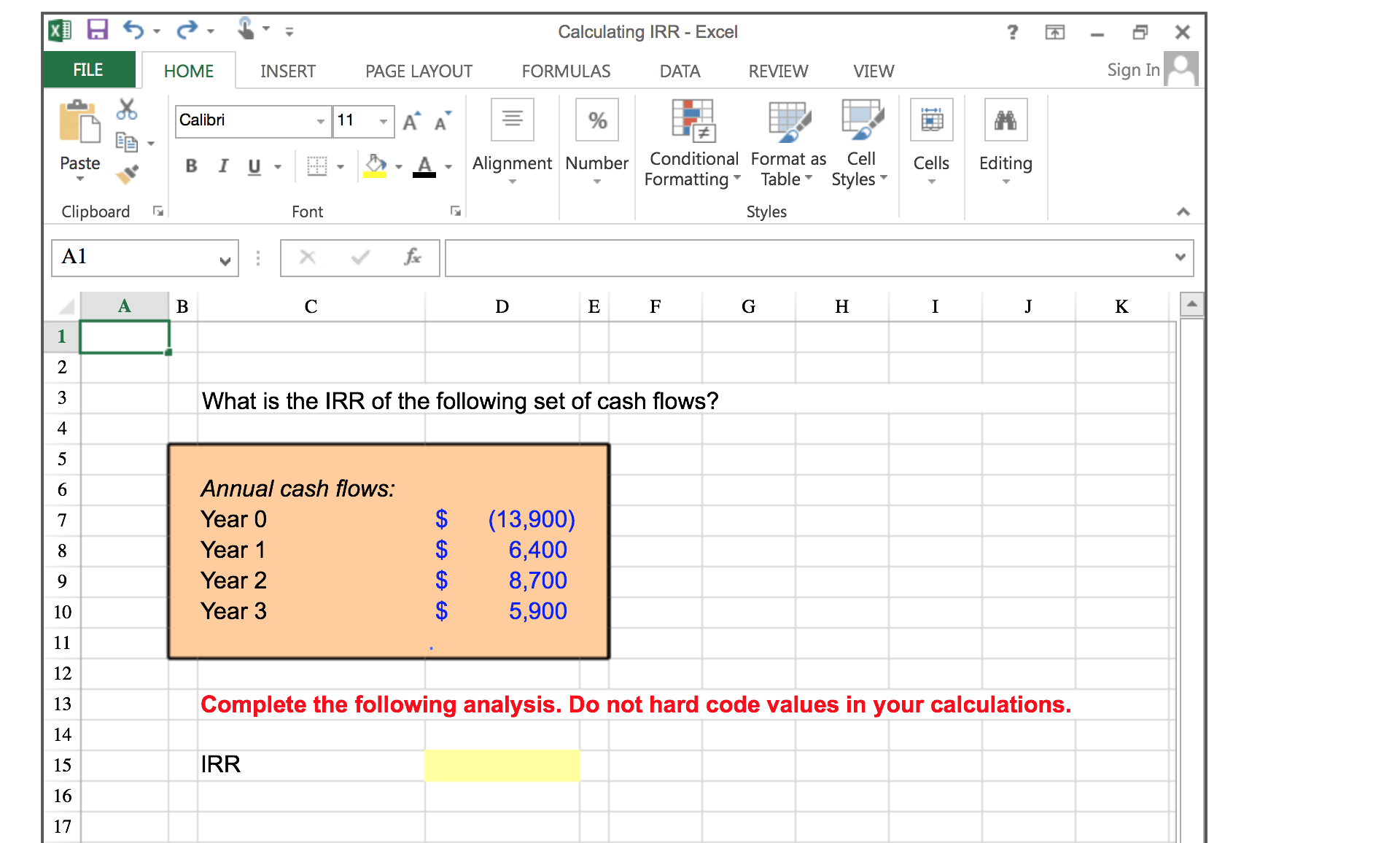 Solved Calculating IRR - Excel ? FILE HOME INSERT PAGE | Chegg.com