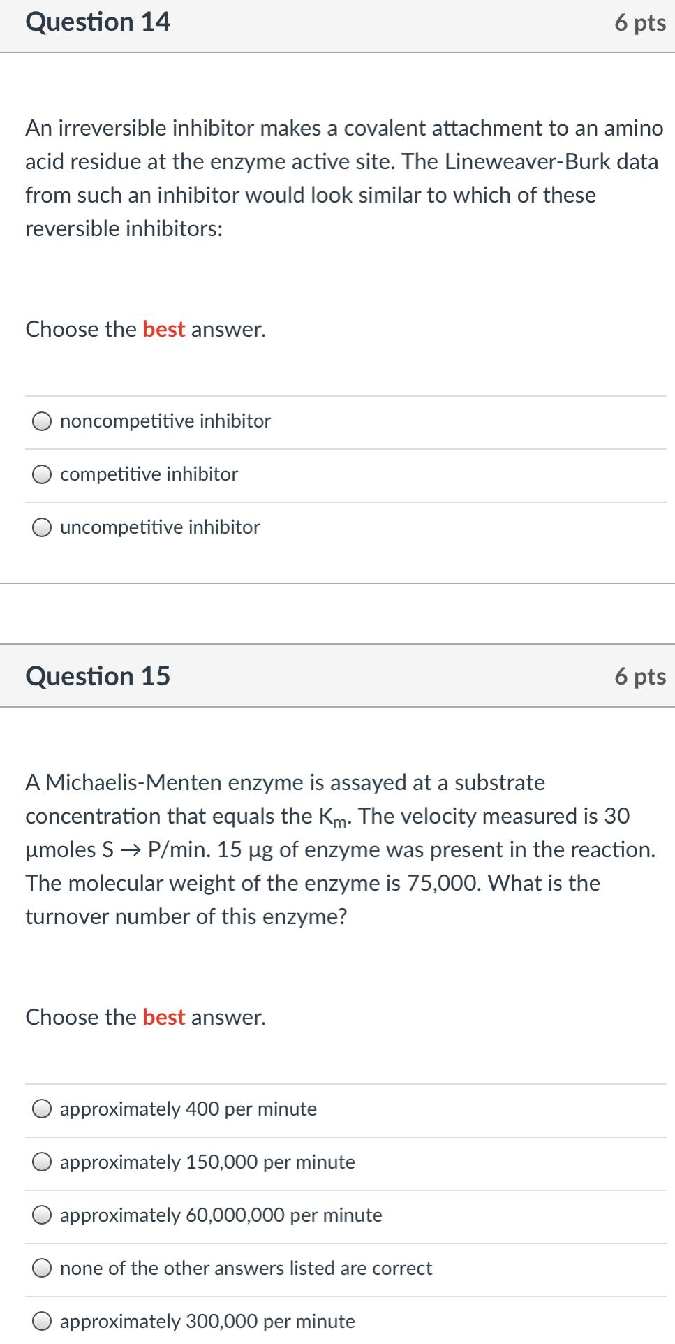 Solved Question 14 6 Pts An Irreversible Inhibitor Makes A | Chegg.com