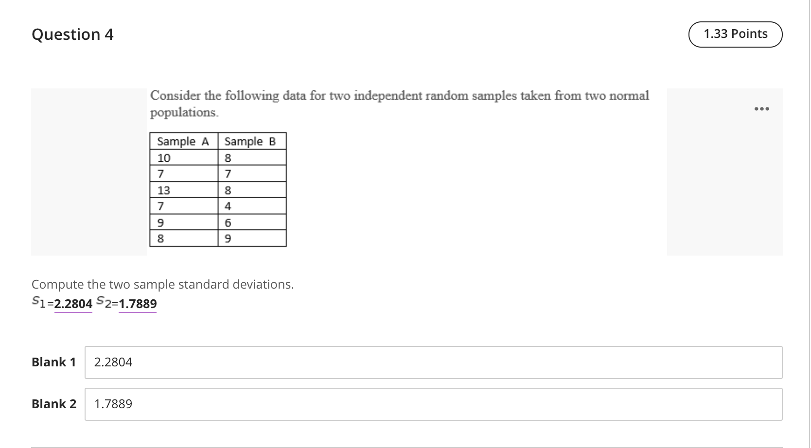 Solved Question 4 1.33 Points Consider the following data | Chegg.com