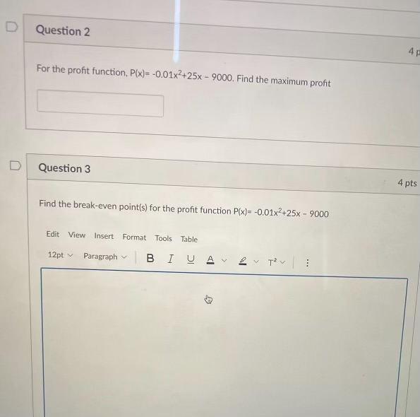 Solved For the profit function, P(x)=−0.01x2+25x−9000. Find | Chegg.com
