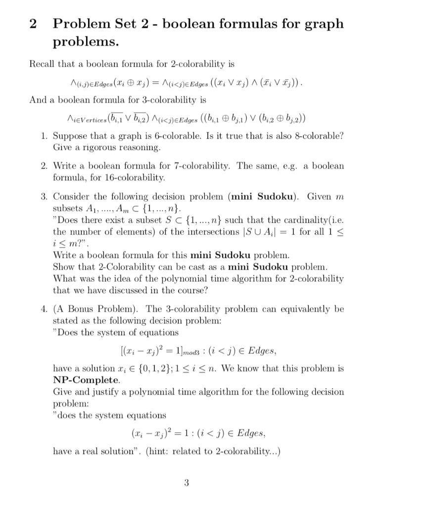 Solved 2 Problem Set 2 - boolean formulas for graph | Chegg.com