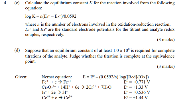 Solved Which of the Equilibrium Constant (K) versus