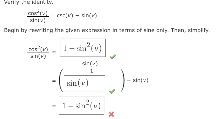 Solved Verify the identity. sin(v)cos2(v)=csc(v)−sin(v) | Chegg.com