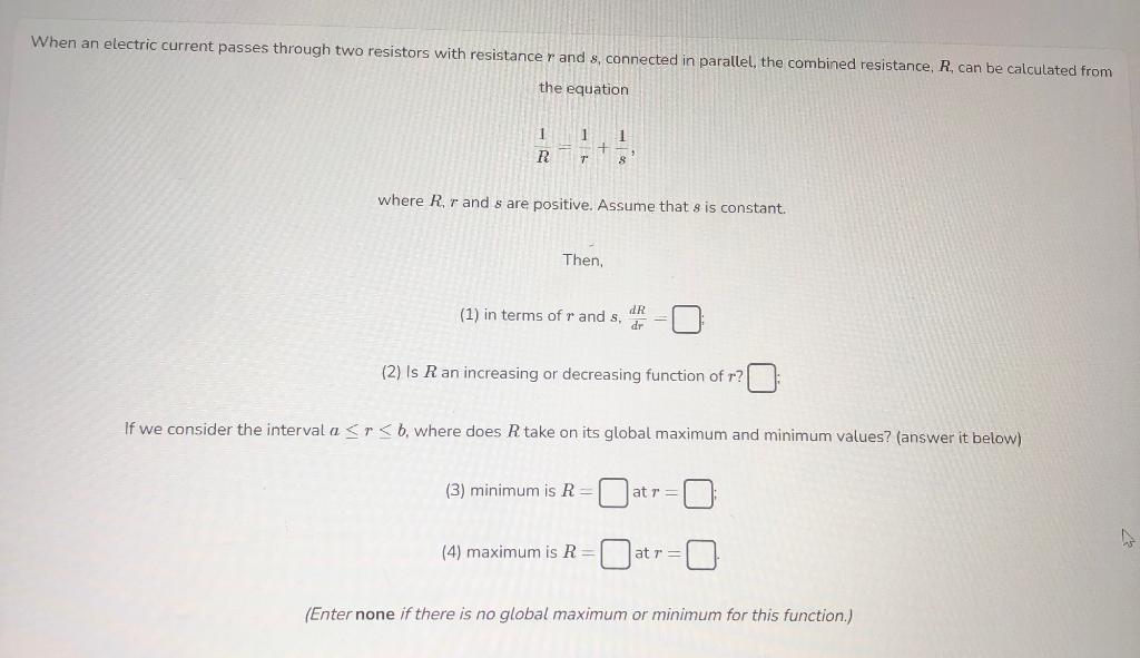 When an electric current passes through two resistors with resistance \( r \) and \( s \), connected in parallel, the combine