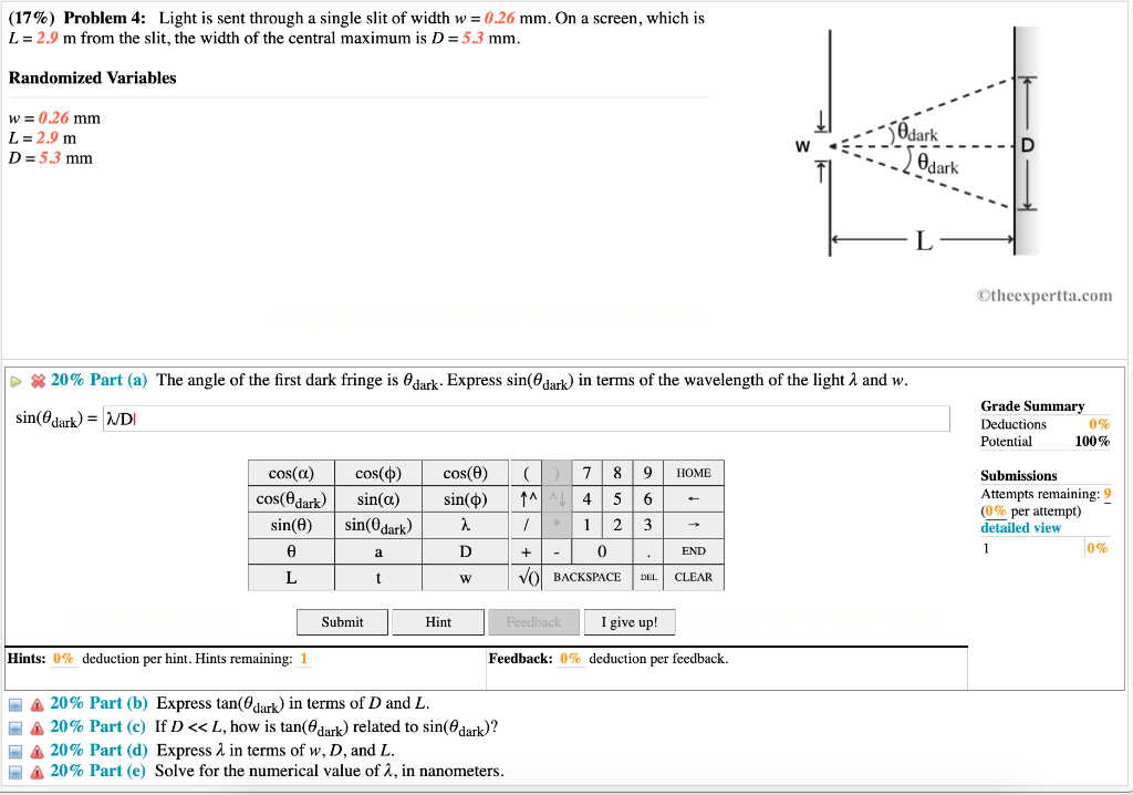Solved (17\%) Problem 4: Light is sent through a single slit | Chegg.com
