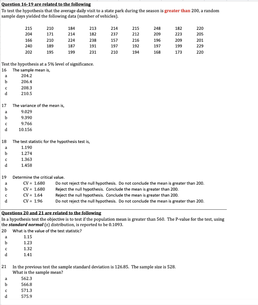 Solved Question 16-19 Are Related To The Following To Test | Chegg.com