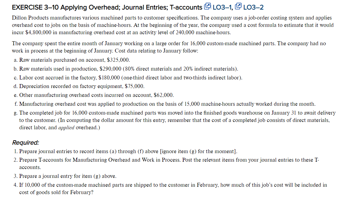 Solved EXERCISE 3–10 Applying Overhead; Journal Entries; | Chegg.com