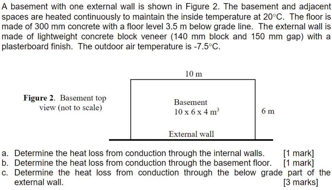 A basement with one external wall is shown in Figure 2 . The basement and adjacent spaces are heated continuously to maintain