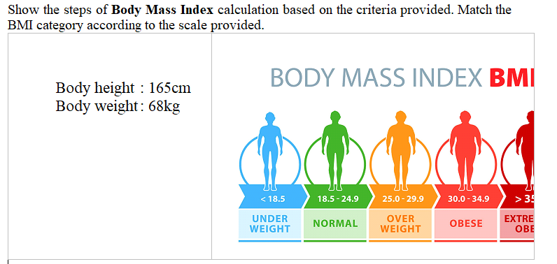 Solved Show the steps of Body Mass Index calculation based | Chegg.com