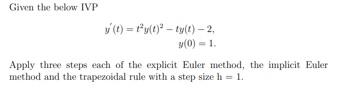 Solved Given the below IVP y′(t)=t2y(t)2−ty(t)−2,y(0)=1. | Chegg.com