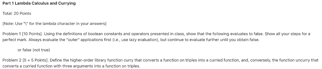 Part 1 Lambda Calculus and Currying Total: 20 Points | Chegg.com