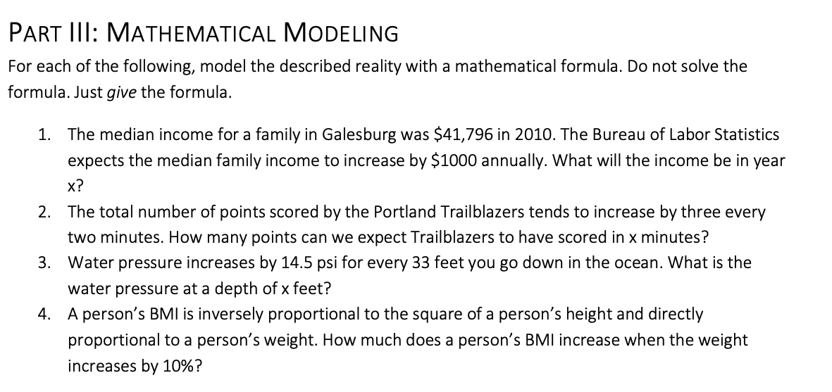 Solved PART III: MATHEMATICAL MODELING For Each Of The | Chegg.com