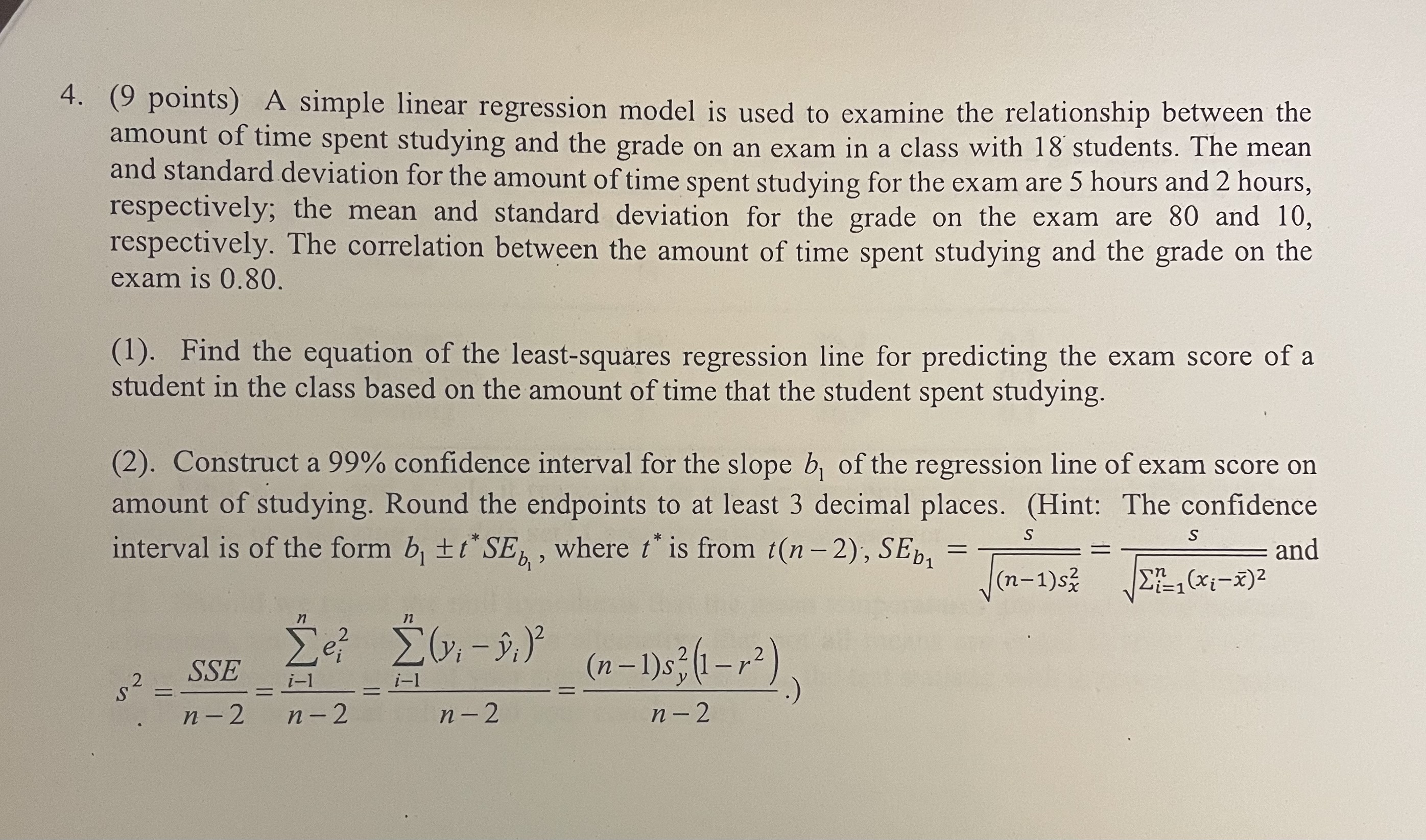 Solved (9 ﻿points) ﻿A simple linear regression model is used | Chegg.com