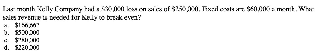 Solved Last month Kelly Company had a $30,000 loss on sales | Chegg.com