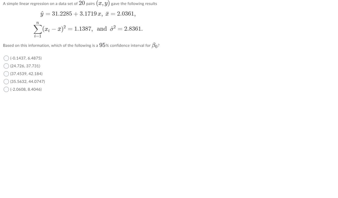 Solved A simple linear regression on a data set of 20 pairs | Chegg.com