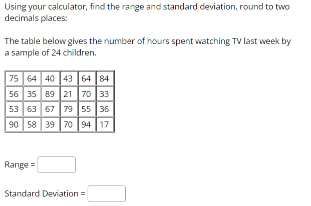 Solved Using your calculator, find the range and standard | Chegg.com