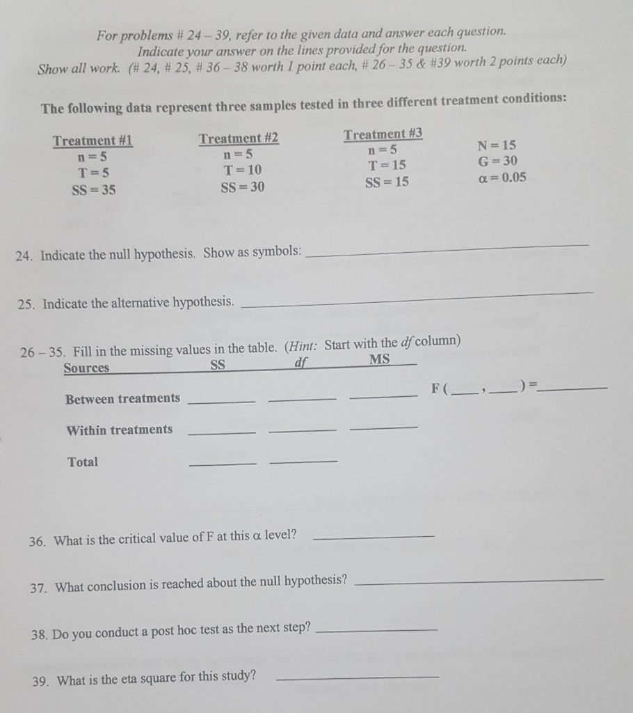 Solved For problems # 24-39, refer to the given data and | Chegg.com
