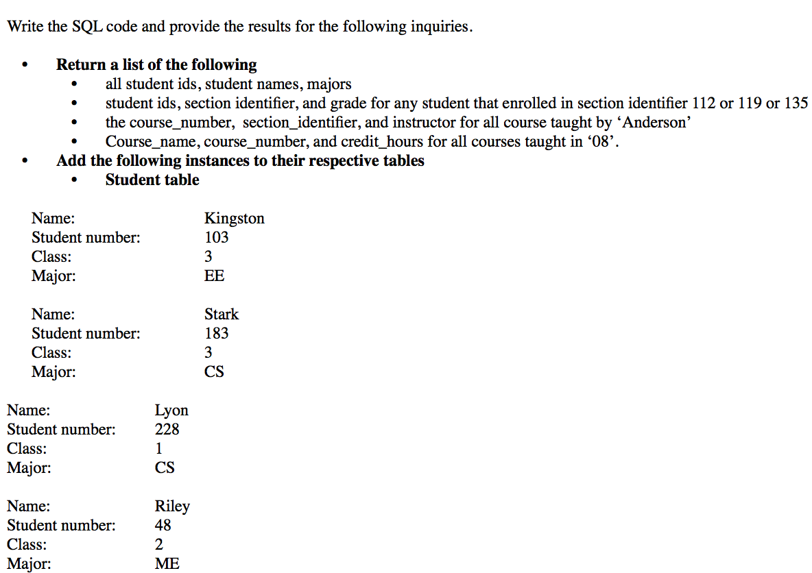 Solved Write the SQL code and provide the results for the | Chegg.com