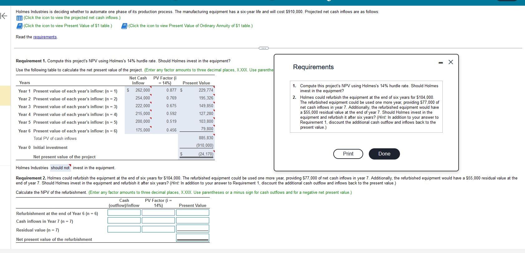 (Click the icon to view the projected net cash inflows.)
(Click the icon to view Present Value of \( \$ 1 \) table.) Click th