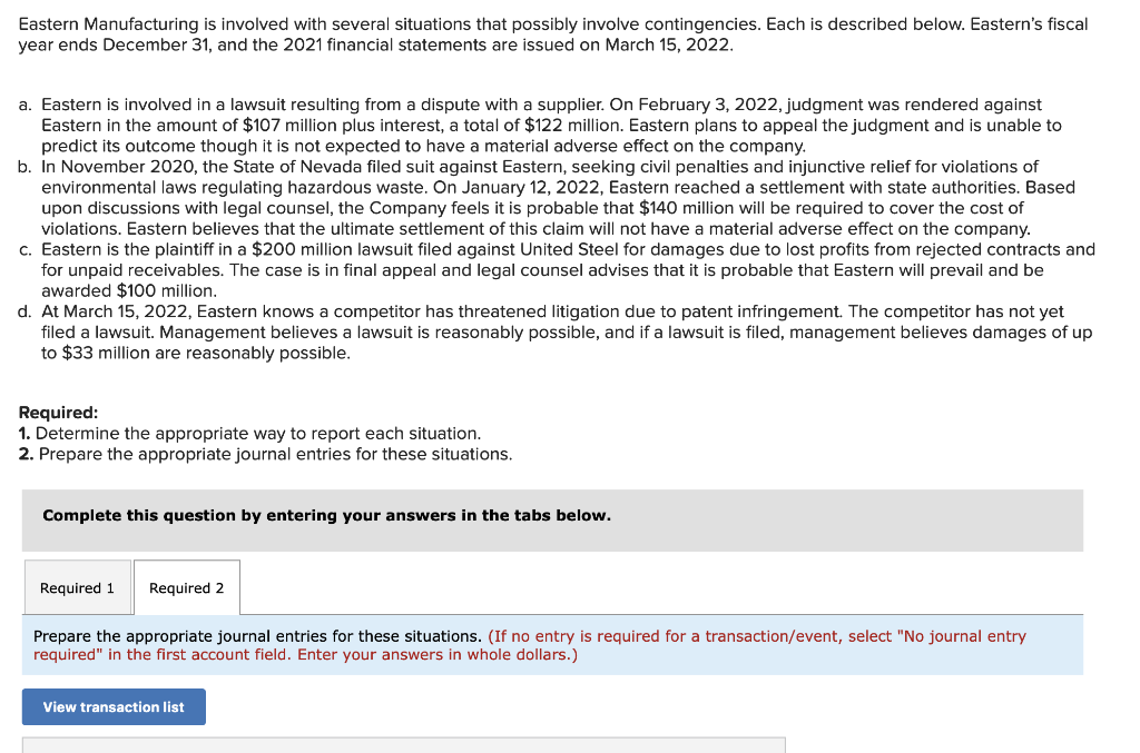 Solved Eastern Manufacturing is involved with several