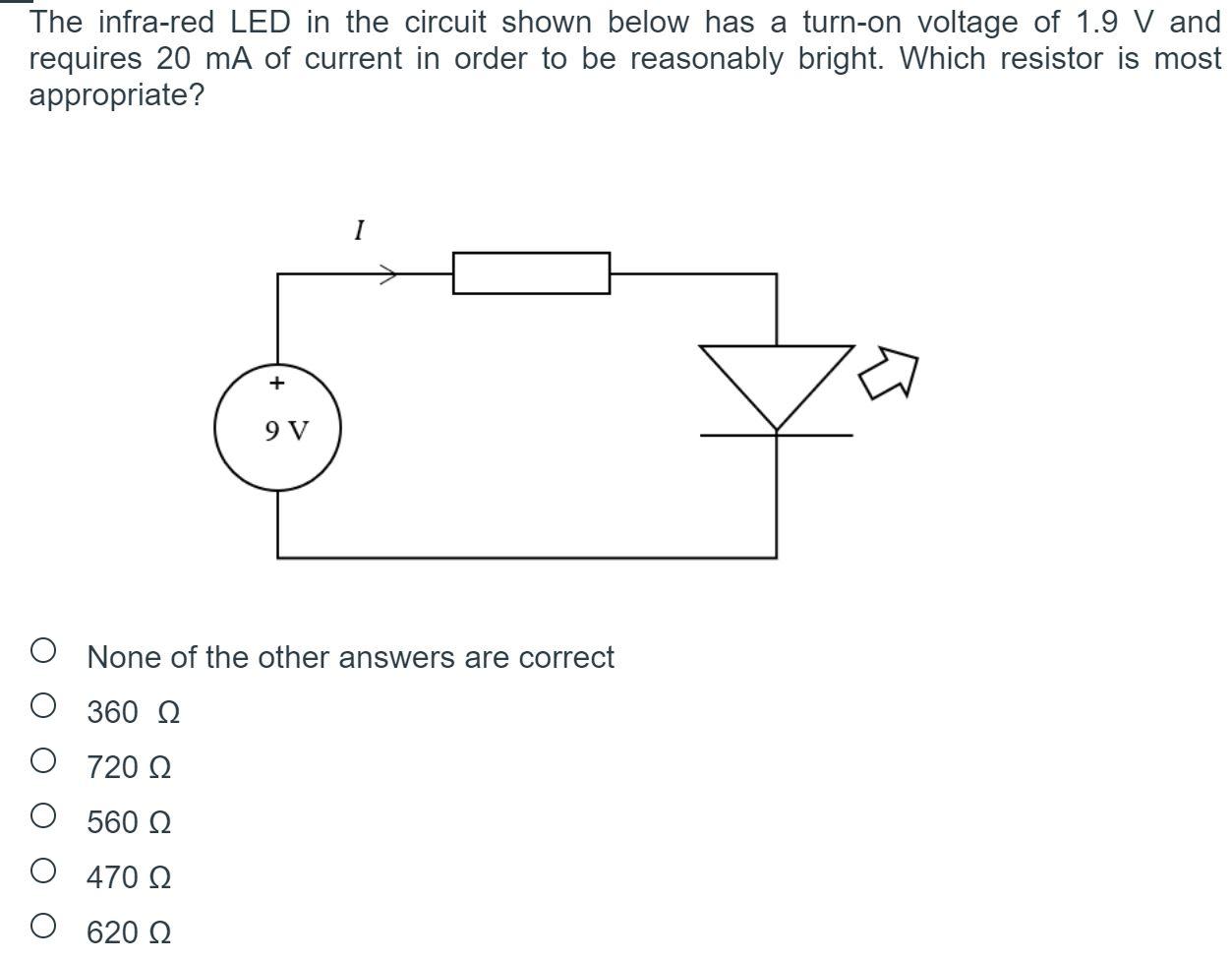 Solved The infra-red LED in the circuit shown below has a | Chegg.com