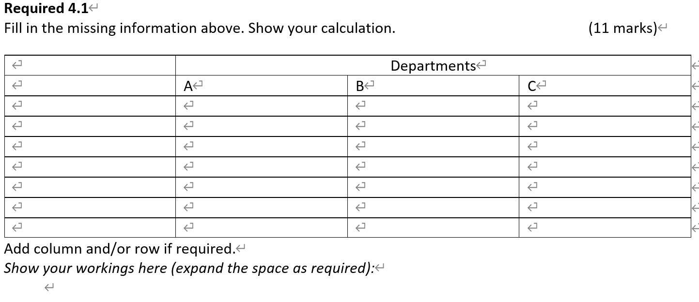 Required 4.14 fill in the missing information above. show your calculation. (11 marks) departments a be ?? 1 1 1 1 1 1 1 1 1|