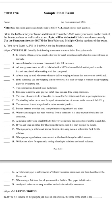 Solved Sample Final Exam CHEM 1280 Last Four Numbers Of S Chegg