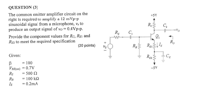 Solved QUESTION (3) The common emitter amplifier circuit on | Chegg.com