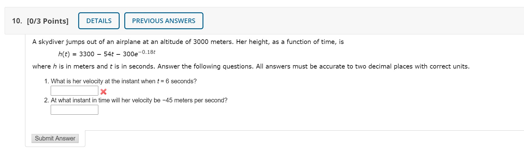 Solved 10. [0/3 Points] DETAILS PREVIOUS ANSWERS A skydiver | Chegg.com