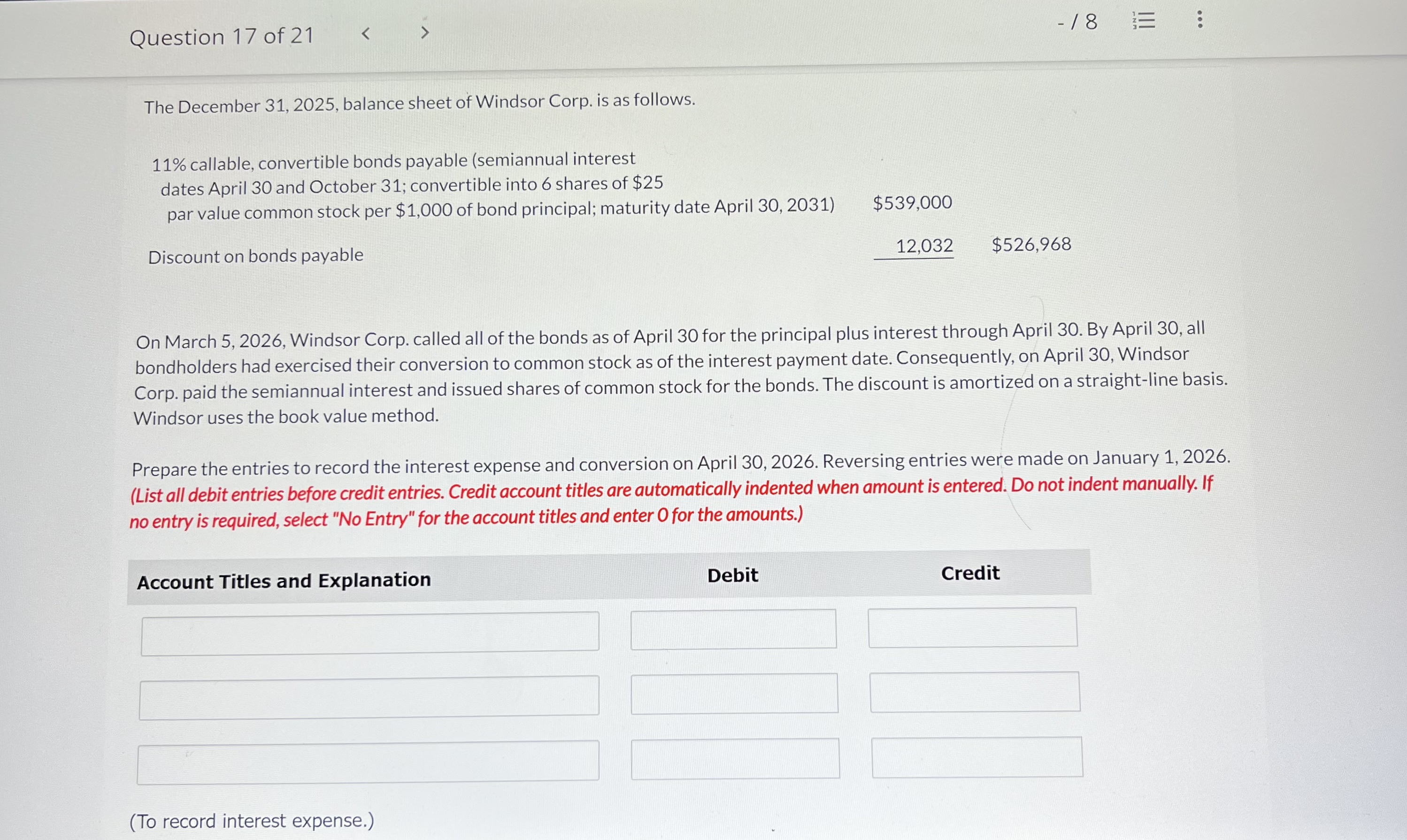 Solved The December 31, 2025, balance sheet of Windsor Corp.