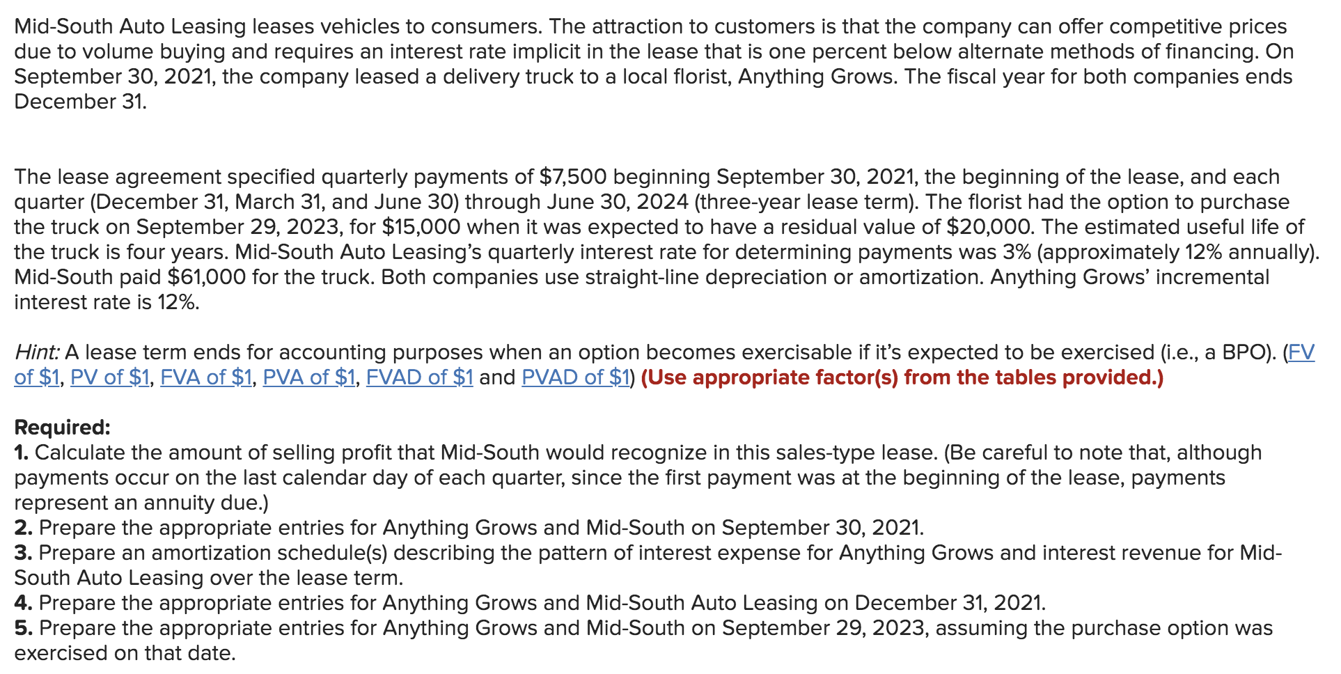 Solved Mid-South Auto Leasing leases vehicles to consumers. | Chegg.com