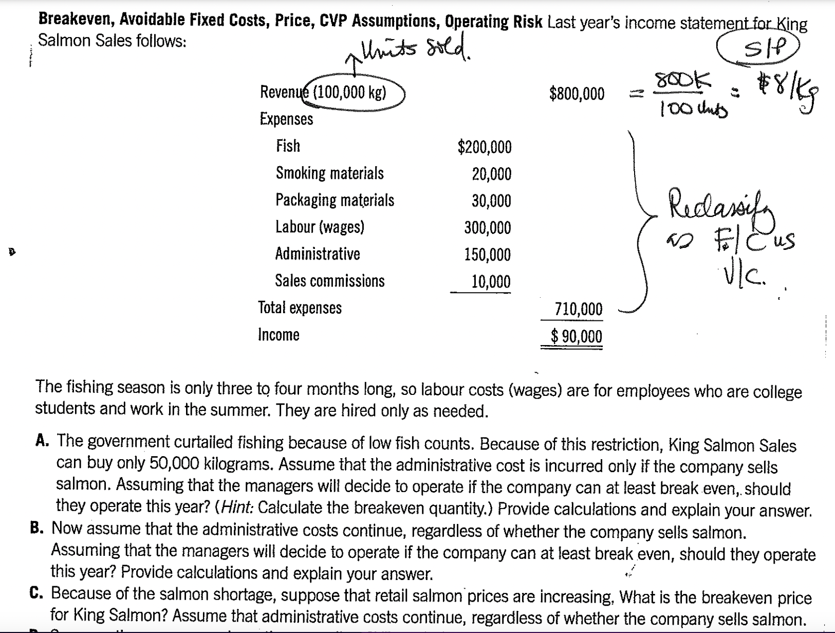 Solved Breakeven, Avoidable Fixed Costs, Price, CVP