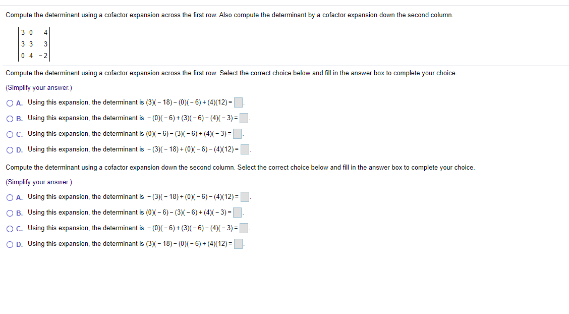 Solved Compute The Determinant Using A Cofactor Expansion | Chegg.com