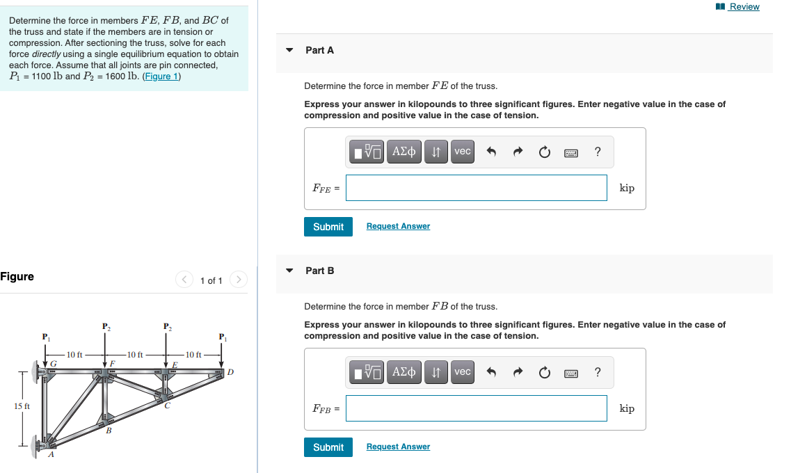 Solved U Review Determine The Force In Members FE, FB, And | Chegg.com