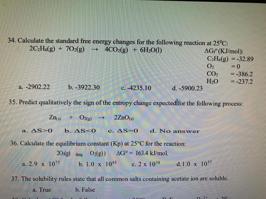 Solved 34. Calculate the standard free energy changes for | Chegg.com