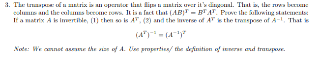 Solved 3. The transpose of a matrix is an operator that | Chegg.com