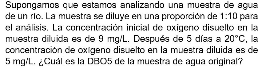 Supongamos que estamos analizando una muestra de agua de un río. La muestra se diluye en una proporción de 1:10 para el análi