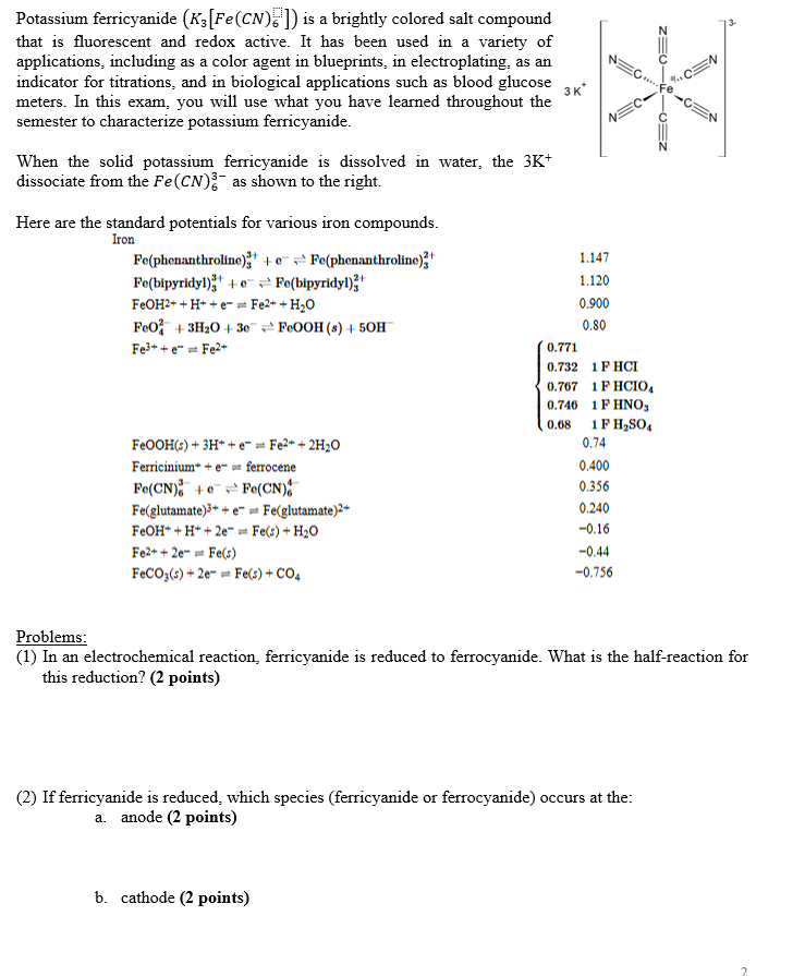 Solved Potassium ferricyanide (K3[Fe(CN);]) is a brightly