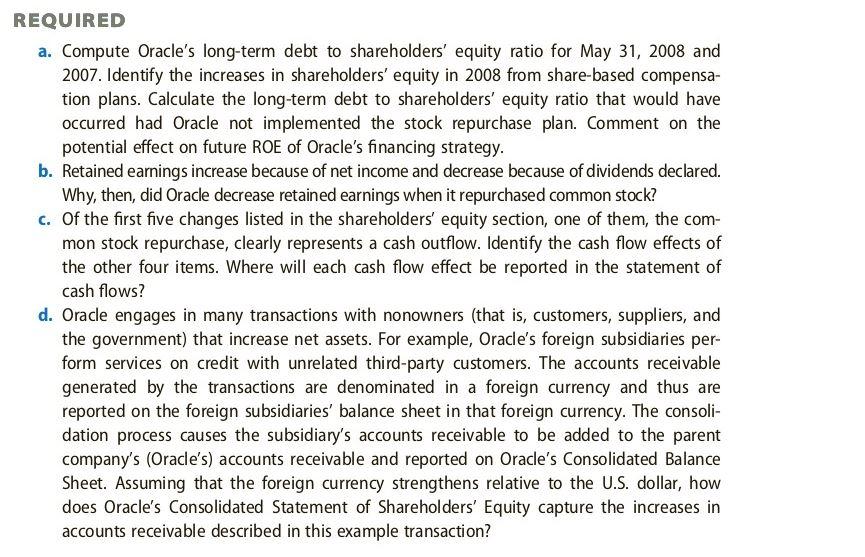 a. Compute Oracle's long-term debt to shareholders' | Chegg.com